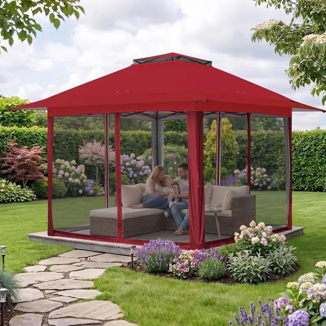 Alt view image 5 of 7 - 13x13 Pop Up Canopy Tent with Mosquito Netting Screen Tent, Auto Extending Eaves 169 Sq Ft of Shade, Easy One-Person Setup Screened Gazebo for Backyard and Patio, Red