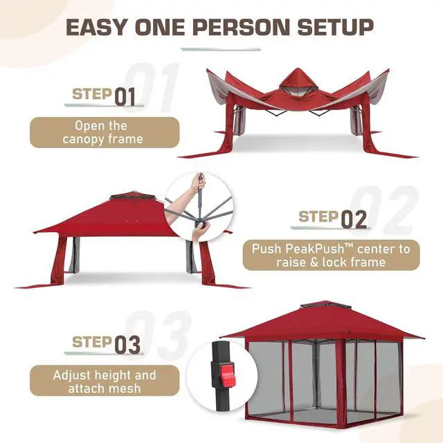 Alt view image 7 of 7 - 13x13 Pop Up Canopy Tent with Mosquito Netting Screen Tent, Auto Extending Eaves 169 Sq Ft of Shade, Easy One-Person Setup Screened Gazebo for Backyard and Patio, Red