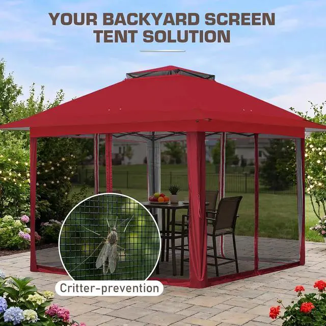 Alt view image 6 of 7 - 13x13 Pop Up Canopy Tent with Mosquito Netting Screen Tent, Auto Extending Eaves 169 Sq Ft of Shade, Easy One-Person Setup Screened Gazebo for Backyard and Patio, Red