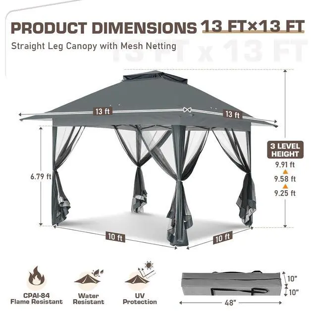 Alt view image 3 of 7 - 13x13 Pop Up Canopy Tent with Mosquito Netting Screen Tent, Auto Extending Eaves 169 Sq Ft of Shade, Easy One-Person Setup Screened Gazebo for Backyard and Patio, Gray