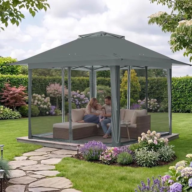 Alt view image 5 of 7 - 13x13 Pop Up Canopy Tent with Mosquito Netting Screen Tent, Auto Extending Eaves 169 Sq Ft of Shade, Easy One-Person Setup Screened Gazebo for Backyard and Patio, Gray