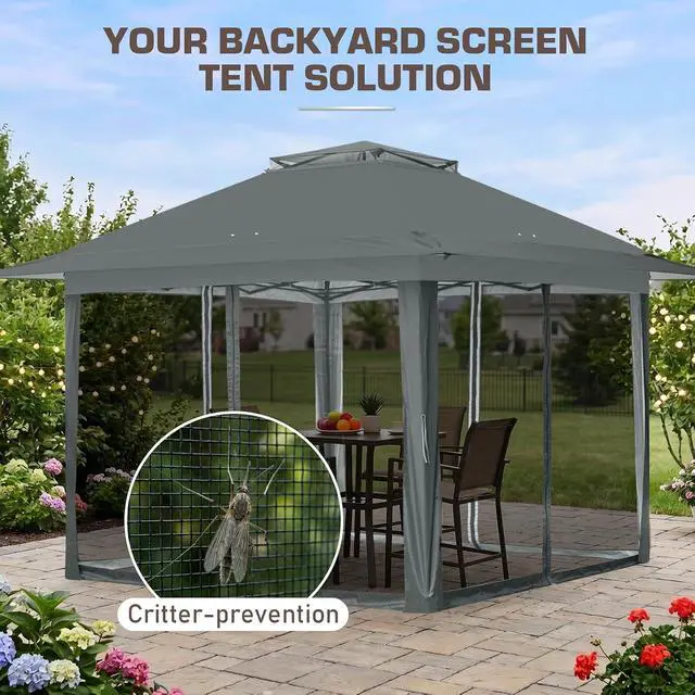 Alt view image 6 of 7 - 13x13 Pop Up Canopy Tent with Mosquito Netting Screen Tent, Auto Extending Eaves 169 Sq Ft of Shade, Easy One-Person Setup Screened Gazebo for Backyard and Patio, Gray