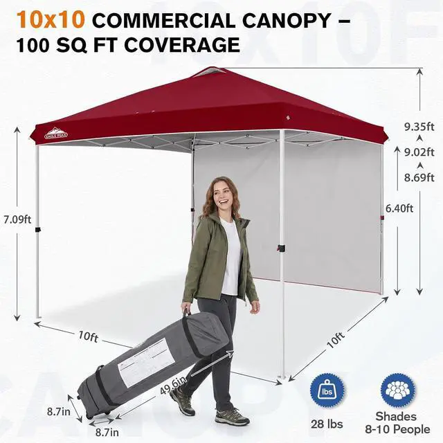 Alt view image 3 of 7 - Commercial Canopy 10x10 Pop Up Canopy Tent with 1 Sidewall, Easy Setup Heavy Duty Instant Event Shelter for Vendors & Markets, Outdoor Sun Shade, Burgundy