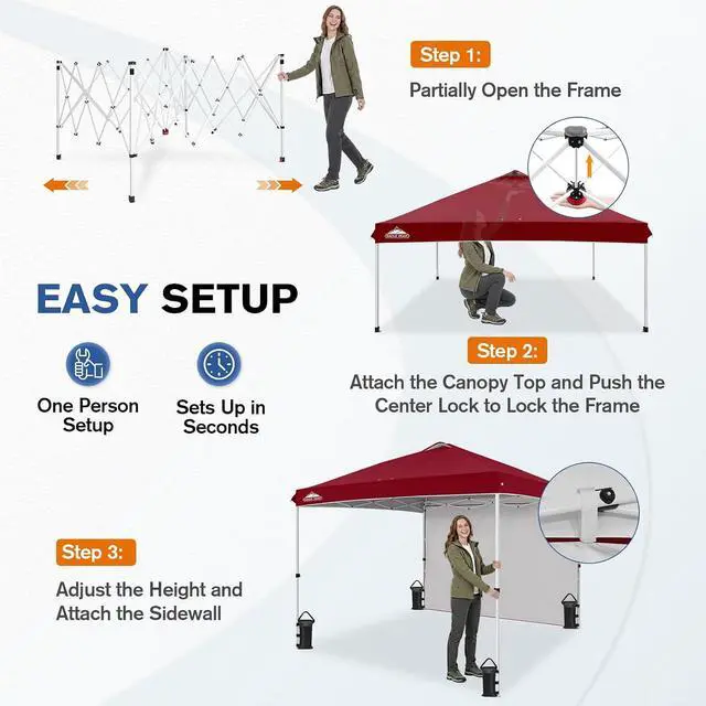 Alt view image 6 of 7 - Commercial Canopy 10x10 Pop Up Canopy Tent with 1 Sidewall, Easy Setup Heavy Duty Instant Event Shelter for Vendors & Markets, Outdoor Sun Shade, Burgundy
