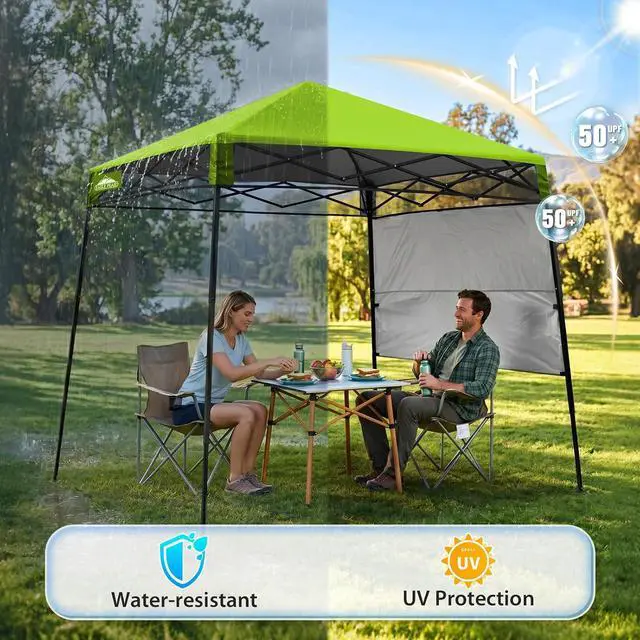Alt view image 4 of 7 - 8x8 Pop Up Canopy Tent with Sidewall, Compact, Portable Slant Leg Instant Sun Shelter for Beach, Sports, & Camping, 8x8 Base 6x6 Top, Green