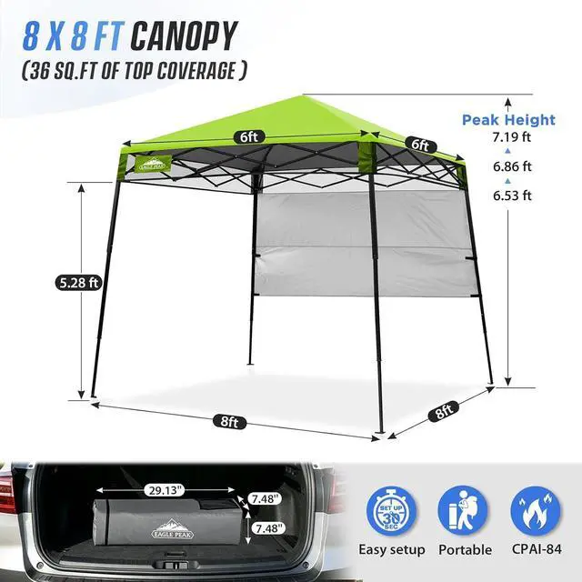 Alt view image 3 of 7 - 8x8 Pop Up Canopy Tent with Sidewall, Compact, Portable Slant Leg Instant Sun Shelter for Beach, Sports, & Camping, 8x8 Base 6x6 Top, Green