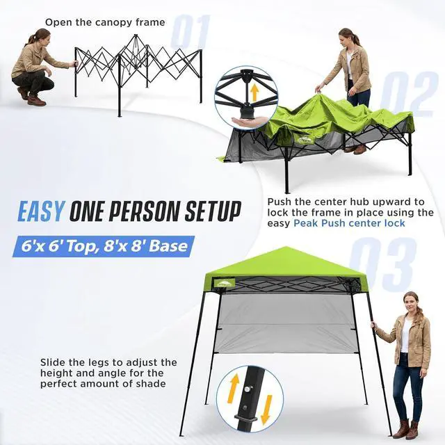 Alt view image 6 of 7 - 8x8 Pop Up Canopy Tent with Sidewall, Compact, Portable Slant Leg Instant Sun Shelter for Beach, Sports, & Camping, 8x8 Base 6x6 Top, Green