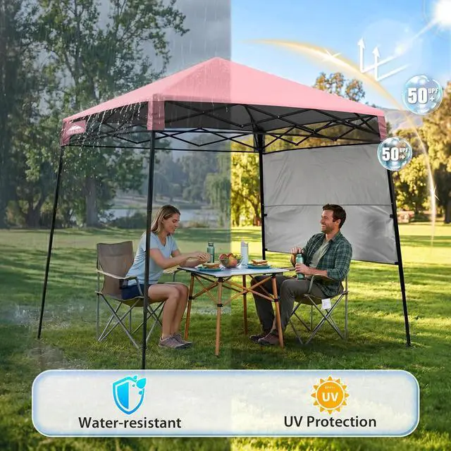 Alt view image 4 of 7 - 8x8 Pop Up Canopy Tent with Sidewall, Compact, Portable Slant Leg Instant Sun Shelter for Beach, Sports, & Camping, 8x8 Base 6x6 Top, Tender Pink