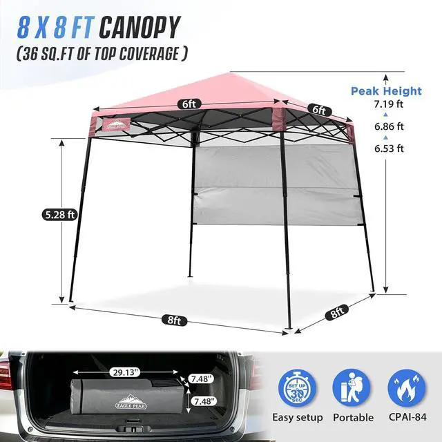 Alt view image 3 of 7 - 8x8 Pop Up Canopy Tent with Sidewall, Compact, Portable Slant Leg Instant Sun Shelter for Beach, Sports, & Camping, 8x8 Base 6x6 Top, Tender Pink