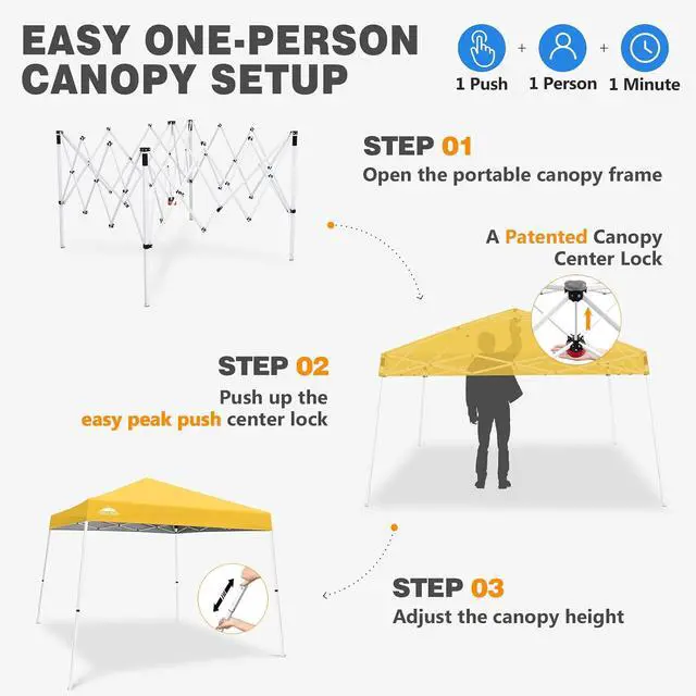 Alt view image 6 of 7 - 10x10 Slant Leg Pop-up Canopy Tent Easy One Person Setup Instant Outdoor Beach Canopy Folding Portable Sports Shelter 10x10 Base 8x8 Top (Yellow)