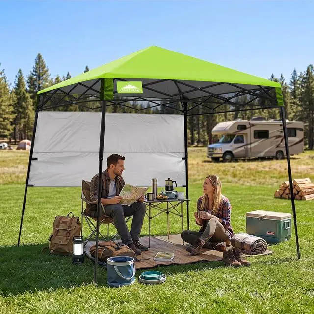 Alt view image 5 of 7 - 8x8 Pop Up Canopy Tent with Sidewall, Compact, Portable Slant Leg Instant Sun Shelter for Beach, Sports, & Camping, 8x8 Base 6x6 Top, Green