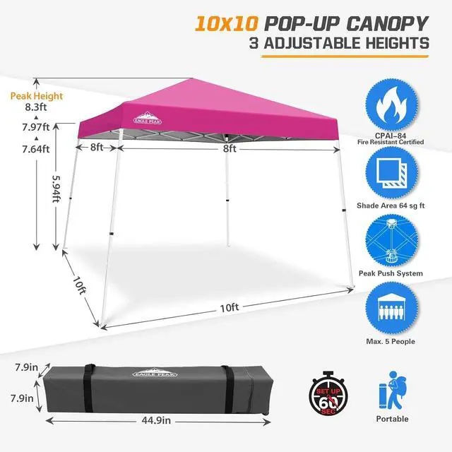 Alt view image 3 of 7 - 10x10 Slant Leg Pop-up Canopy Tent Easy One Person Setup Instant Outdoor Beach Canopy Folding Portable Sports Shelter 10x10 Base 8x8 Top (Pink)