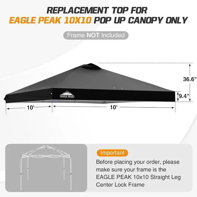 Alt view image 2 of 7 - Replacement Canopy Top for Eagle Peak 10x10 Straight Leg Pop Up Canopy Frame Only, Canopy Cover with Air Vent, UPF 50+, Frame NOT Included, Black