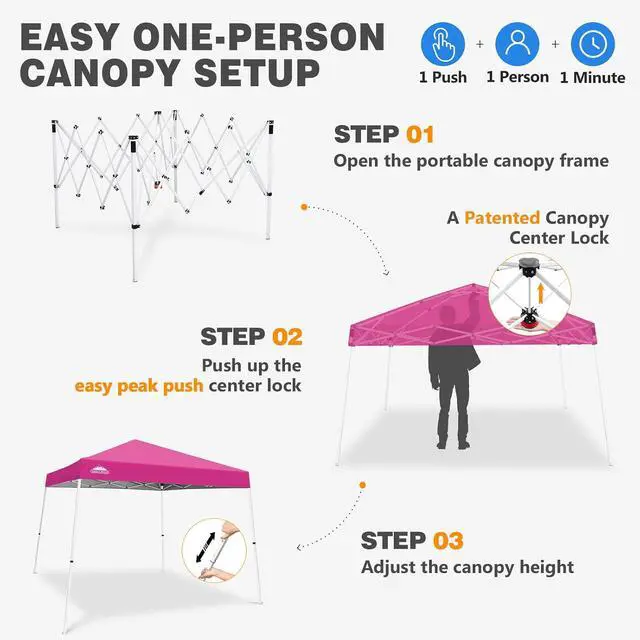 Alt view image 6 of 7 - 10x10 Slant Leg Pop-up Canopy Tent Easy One Person Setup Instant Outdoor Beach Canopy Folding Portable Sports Shelter 10x10 Base 8x8 Top (Pink)