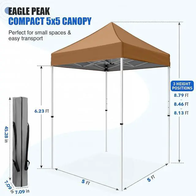 Alt view image 3 of 7 - 5x5 Pop Up Canopy Tent Instant Outdoor Canopy Easy Set-up Straight Leg Folding Shelter, Khaki