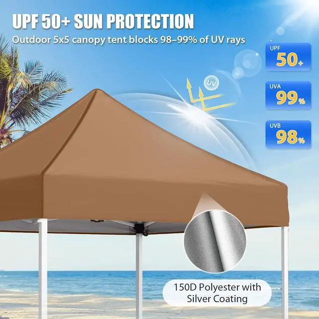 Alt view image 2 of 7 - 5x5 Pop Up Canopy Tent Instant Outdoor Canopy Easy Set-up Straight Leg Folding Shelter, Khaki
