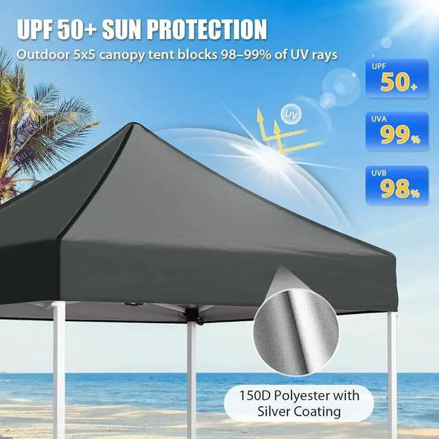 Alt view image 2 of 7 - 5x5 Pop Up Canopy Tent Instant Outdoor Canopy Easy Set-up Straight Leg Folding Shelter, Gray