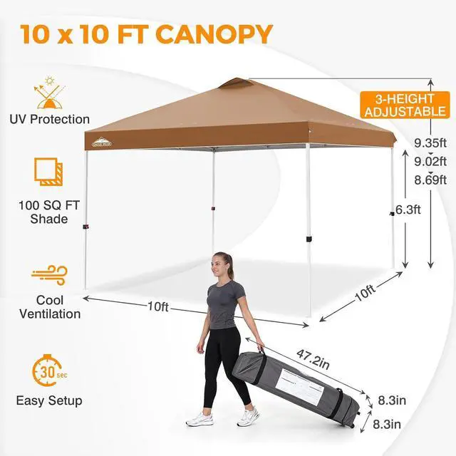 Alt view image 3 of 7 - Pop Up Canopy Tent with Wheeled Carry Bag, 8 Stakes, 4 Ropes, 4 Weight Bags, Easy Set Up Tent Canopy, 10x10 ft, 100sqft of Shade, Khaki