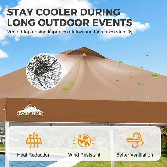 Alt view image 2 of 7 - Pop Up Canopy Tent with Wheeled Carry Bag, 8 Stakes, 4 Ropes, 4 Weight Bags, Easy Set Up Tent Canopy, 10x10 ft, 100sqft of Shade, Khaki