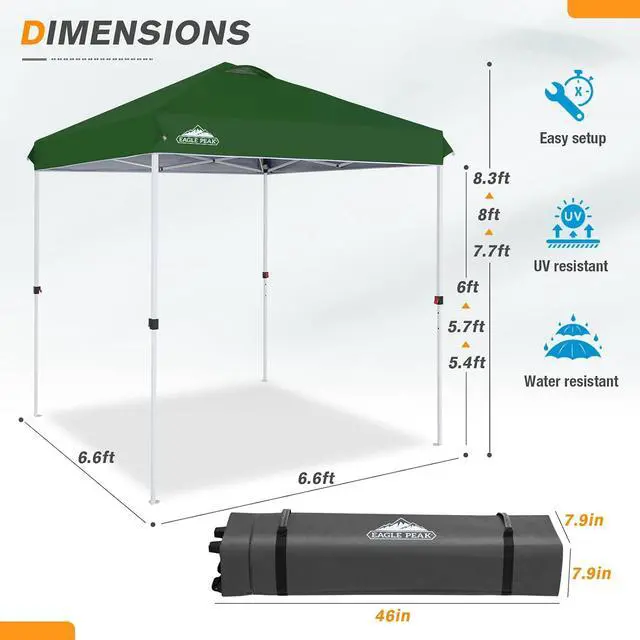 Alt view image 3 of 7 - Pop Up Canopy Tent with Wheeled Carry Bag, 8 Stakes, 4 Ropes, Easy Set Up Tent Canopy, 6.6x6.6 ft, Green