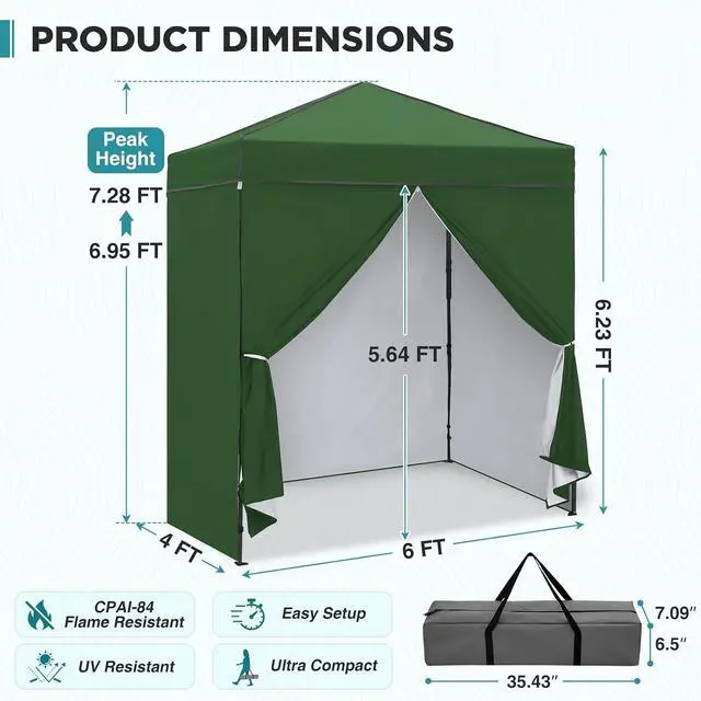Alt view image 3 of 7 - 6x4 Instant Pop Up Canopy Tent with 4 Side Wall Panels, Straight Leg Sun Shelter, Portable Canopy with Carry Bag for Camping, Beach & Sports, Green