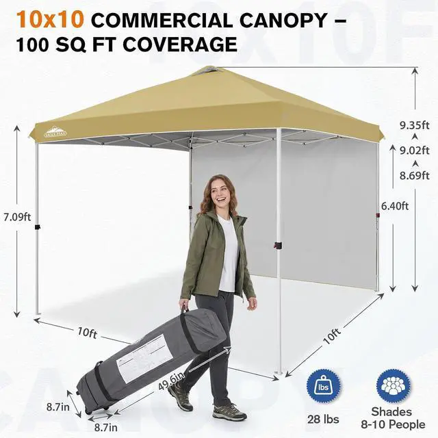 Alt view image 3 of 7 - Commercial Canopy 10x10 Pop Up Canopy Tent with 1 Sidewall, Easy Setup Heavy Duty Instant Event Shelter for Vendors & Markets, Outdoor Sun Shade, Beige