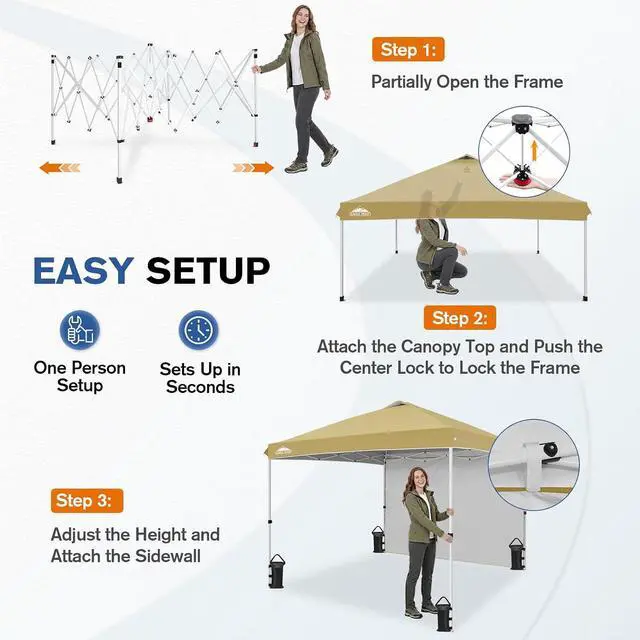 Alt view image 6 of 7 - Commercial Canopy 10x10 Pop Up Canopy Tent with 1 Sidewall, Easy Setup Heavy Duty Instant Event Shelter for Vendors & Markets, Outdoor Sun Shade, Beige