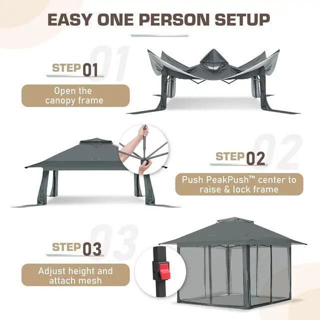Alt view image 7 of 7 - 13x13 Pop Up Canopy Tent with Mosquito Netting Screen Tent, Auto Extending Eaves 169 Sq Ft of Shade, Easy One-Person Setup Screened Gazebo for Backyard and Patio, Gray