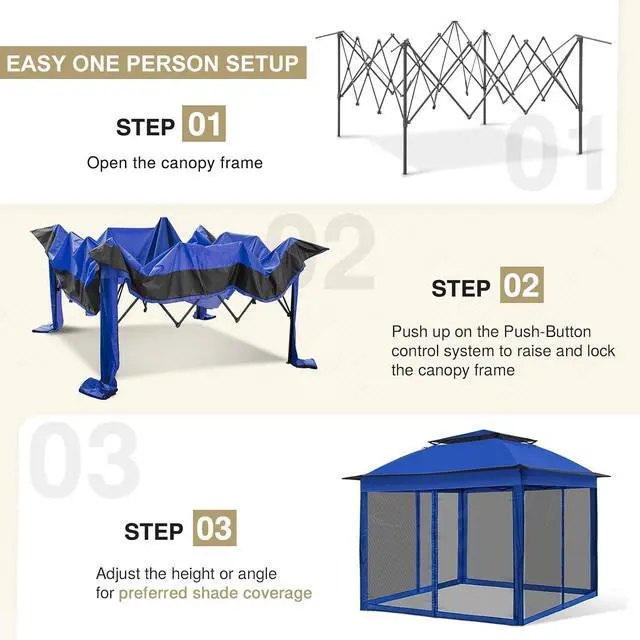 Alt view image 2 of 7 - 11x11 Pop Up Canopy Tent with Mosquito Netting Screen Tent, Auto Extending Eaves 169 Sq Ft of Shade, Easy One-Person Setup Screened Gazebo for Backyard and Patio, Blue