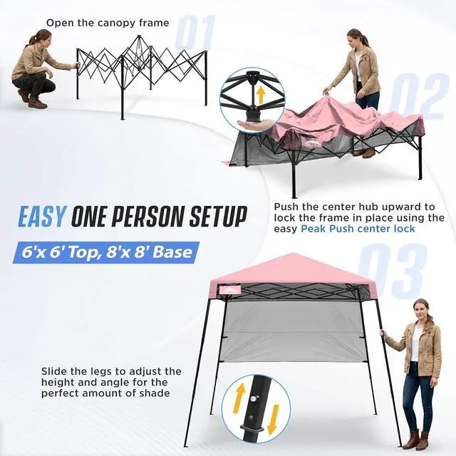 Alt view image 6 of 7 - 8x8 Pop Up Canopy Tent with Sidewall, Compact, Portable Slant Leg Instant Sun Shelter for Beach, Sports, & Camping, 8x8 Base 6x6 Top, Tender Pink