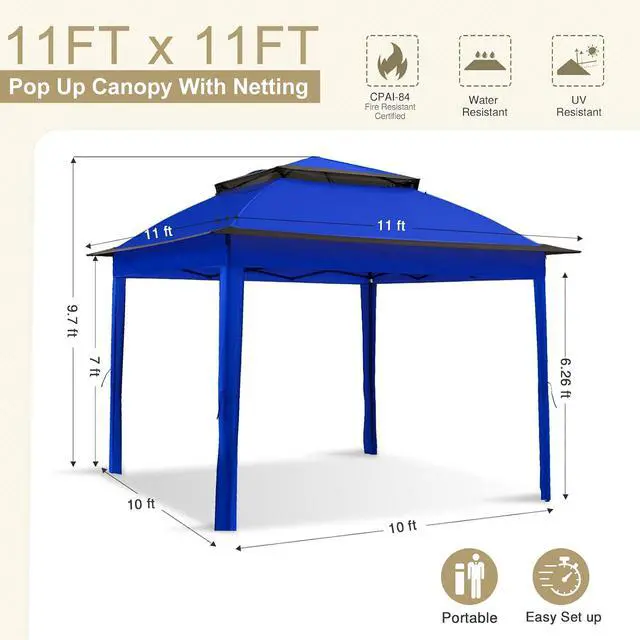 Alt view image 3 of 7 - 11x11 Pop Up Canopy Tent with Mosquito Netting Screen Tent, Auto Extending Eaves 169 Sq Ft of Shade, Easy One-Person Setup Screened Gazebo for Backyard and Patio, Blue