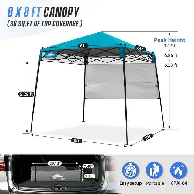 Alt view image 3 of 7 - 8x8 Pop Up Canopy Tent with Sidewall, Compact, Portable Slant Leg Instant Sun Shelter for Beach, Sports, & Camping, 8x8 Base 6x6 Top, Turquoise