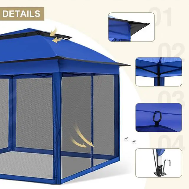 Alt view image 4 of 7 - 11x11 Pop Up Canopy Tent with Mosquito Netting Screen Tent, Auto Extending Eaves 169 Sq Ft of Shade, Easy One-Person Setup Screened Gazebo for Backyard and Patio, Blue