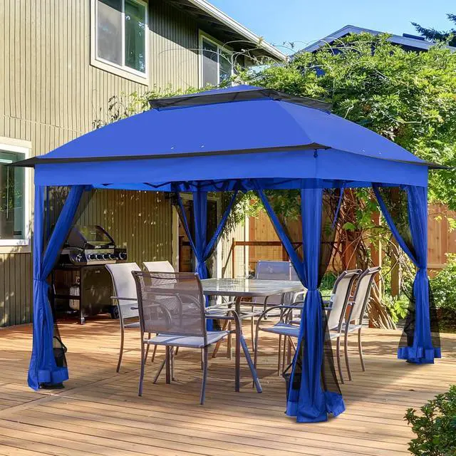 Alt view image 5 of 7 - 11x11 Pop Up Canopy Tent with Mosquito Netting Screen Tent, Auto Extending Eaves 169 Sq Ft of Shade, Easy One-Person Setup Screened Gazebo for Backyard and Patio, Blue