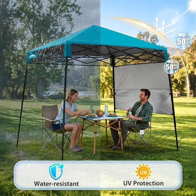 Alt view image 4 of 7 - 8x8 Pop Up Canopy Tent with Sidewall, Compact, Portable Slant Leg Instant Sun Shelter for Beach, Sports, & Camping, 8x8 Base 6x6 Top, Turquoise