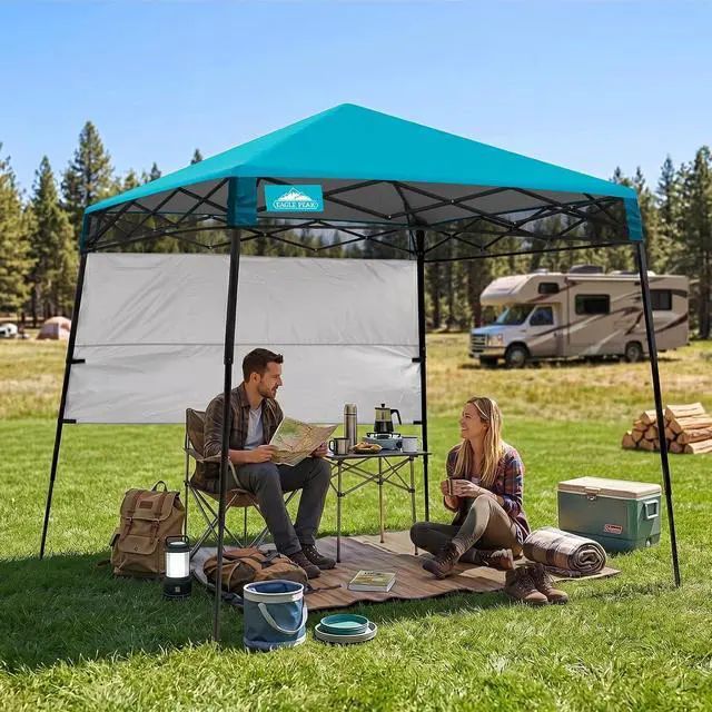 Alt view image 5 of 7 - 8x8 Pop Up Canopy Tent with Sidewall, Compact, Portable Slant Leg Instant Sun Shelter for Beach, Sports, & Camping, 8x8 Base 6x6 Top, Turquoise