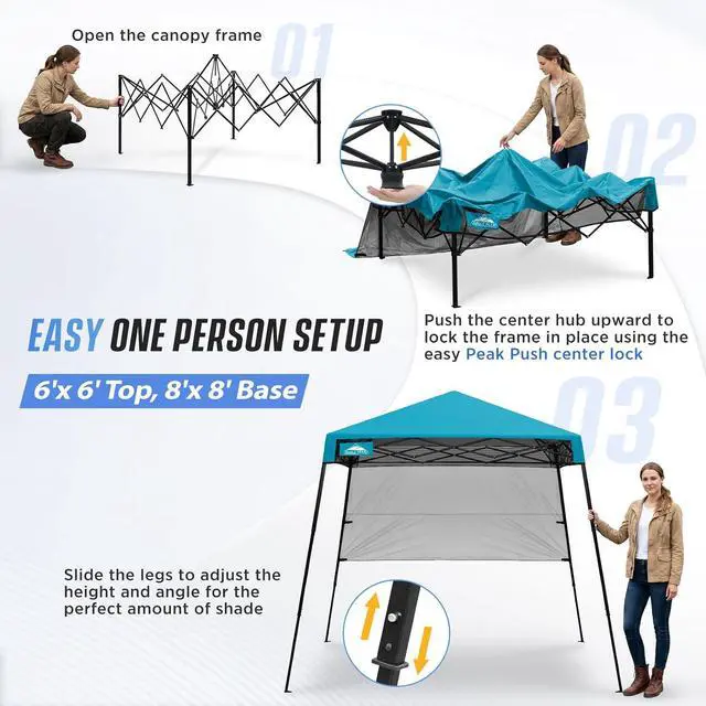 Alt view image 6 of 7 - 8x8 Pop Up Canopy Tent with Sidewall, Compact, Portable Slant Leg Instant Sun Shelter for Beach, Sports, & Camping, 8x8 Base 6x6 Top, Turquoise