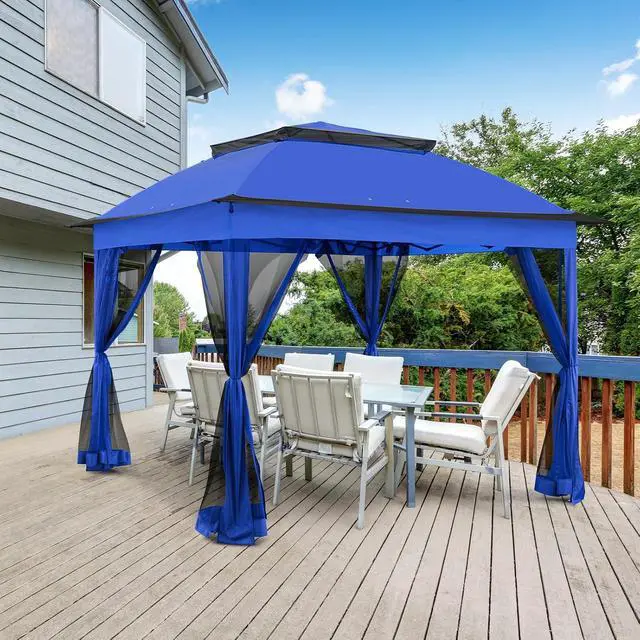 Alt view image 6 of 7 - 11x11 Pop Up Canopy Tent with Mosquito Netting Screen Tent, Auto Extending Eaves 169 Sq Ft of Shade, Easy One-Person Setup Screened Gazebo for Backyard and Patio, Blue