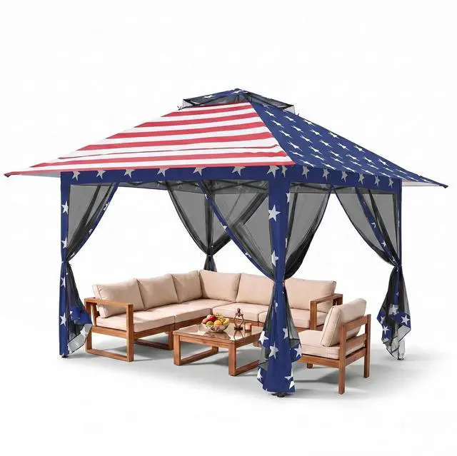 Main image of 13x13 Pop Up Canopy Tent with Mosquito Netting Screen Tent, Auto Extending Eaves 169 Sq Ft of Shade, Easy One-Person Setup Screened Gazebo for Backyard and Patio, American Flag
