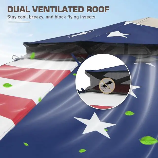Alt view image 2 of 7 - 13x13 Pop Up Canopy Tent with Mosquito Netting Screen Tent, Auto Extending Eaves 169 Sq Ft of Shade, Easy One-Person Setup Screened Gazebo for Backyard and Patio, American Flag