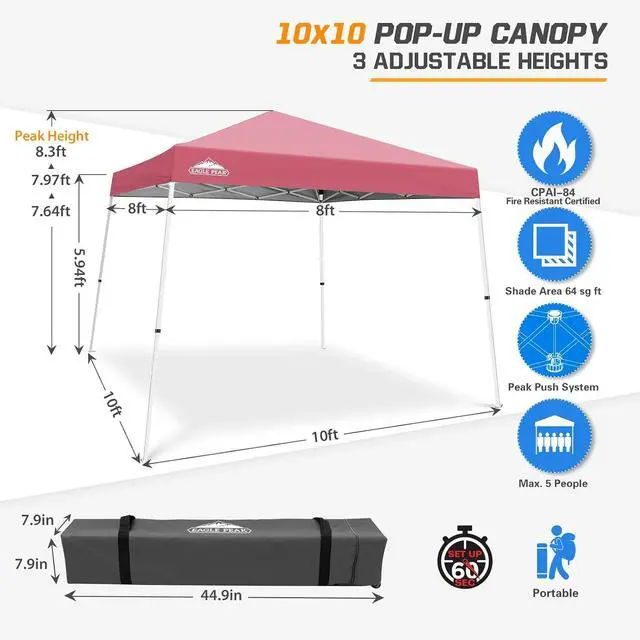 Alt view image 3 of 7 - 10x10 Slant Leg Pop-up Canopy Tent Easy One Person Setup Instant Outdoor Beach Canopy Folding Portable Sports Shelter 10x10 Base 8x8 Top (Peach Pink)