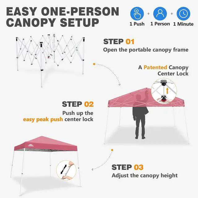 Alt view image 6 of 7 - 10x10 Slant Leg Pop-up Canopy Tent Easy One Person Setup Instant Outdoor Beach Canopy Folding Portable Sports Shelter 10x10 Base 8x8 Top (Peach Pink)