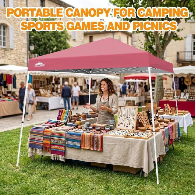 Alt view image 5 of 7 - 10x10 Slant Leg Pop-up Canopy Tent Easy One Person Setup Instant Outdoor Beach Canopy Folding Portable Sports Shelter 10x10 Base 8x8 Top (Peach Pink)