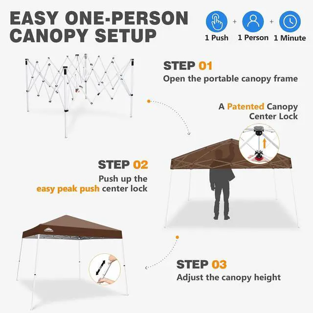 Alt view image 6 of 7 - 10x10 Slant Leg Pop-up Canopy Tent Easy One Person Setup Instant Outdoor Beach Canopy Folding Portable Sports Shelter 10x10 Base 8x8 Top (Dark Brown)