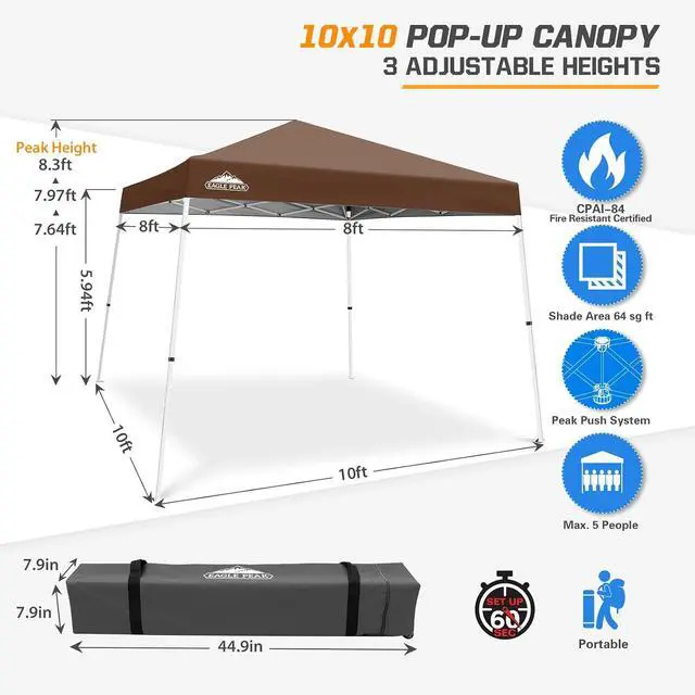 Alt view image 3 of 7 - 10x10 Slant Leg Pop-up Canopy Tent Easy One Person Setup Instant Outdoor Beach Canopy Folding Portable Sports Shelter 10x10 Base 8x8 Top (Dark Brown)