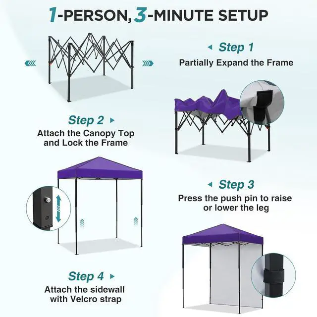 Alt view image 2 of 7 - 6x4 Instant Pop Up Canopy Tent with 1 Side Wall Panel, Straight Leg Sun Shelter, Portable Canopy with Carry Bag for Camping, Beach & Sports, Purple
