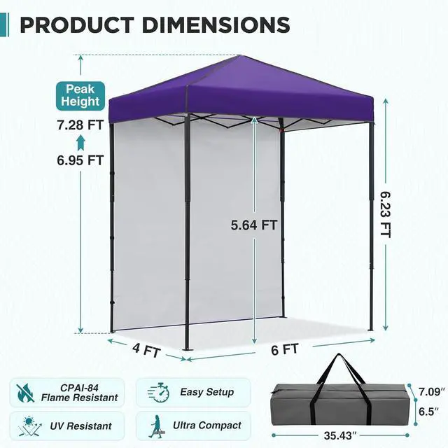 Alt view image 3 of 7 - 6x4 Instant Pop Up Canopy Tent with 1 Side Wall Panel, Straight Leg Sun Shelter, Portable Canopy with Carry Bag for Camping, Beach & Sports, Purple