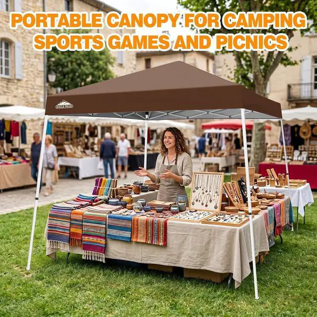Alt view image 5 of 7 - 10x10 Slant Leg Pop-up Canopy Tent Easy One Person Setup Instant Outdoor Beach Canopy Folding Portable Sports Shelter 10x10 Base 8x8 Top (Dark Brown)