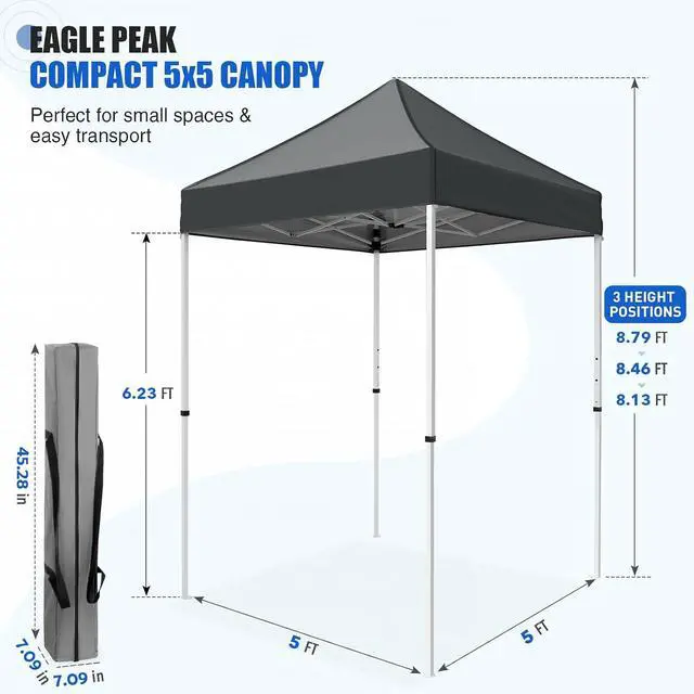 Alt view image 3 of 7 - 5x5 Pop Up Canopy Tent Instant Outdoor Canopy Easy Set-up Straight Leg Folding Shelter, Gray