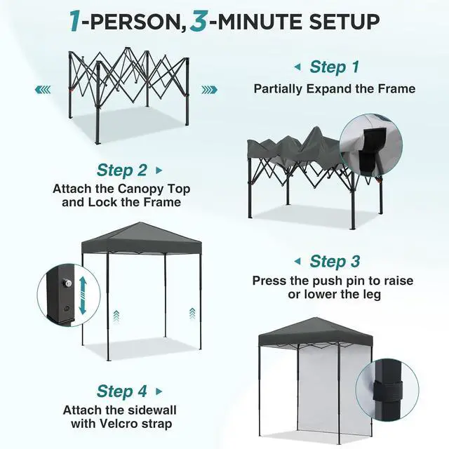 Alt view image 2 of 7 - 6x4 Instant Pop Up Canopy Tent with 1 Side Wall Panel, Straight Leg Sun Shelter, Portable Canopy with Carry Bag for Camping, Beach & Sports, Dark Gray